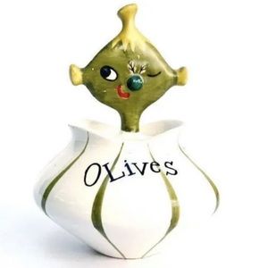 Vintage 1958 Holt Howard Olives Jar with Pick - Pixieware Condiment Jar - Japan